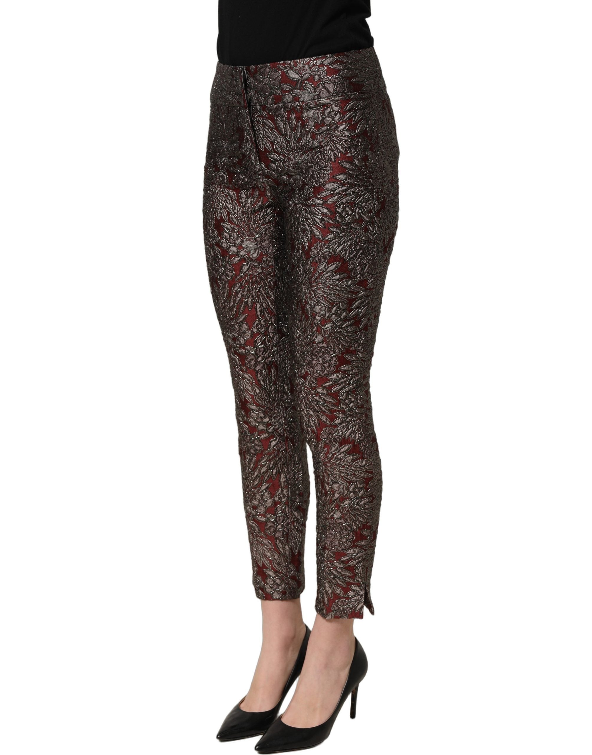 Dolce & Gabbana Burgundy Grey Floral Jacquard Straight Pants