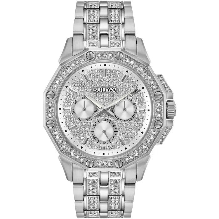 Bulova Crystal Mens Silver Watch 96c134