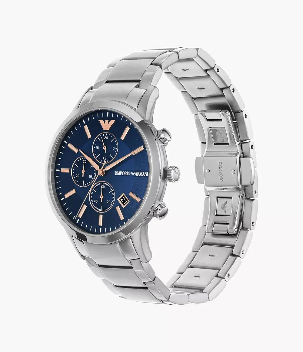 Emporio Armani Mens Ar11458 Rose Gold Tone Stainless Steel And Blue Leather Watch