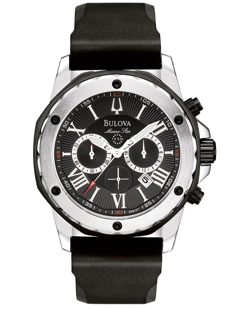 Bulova Marine Star Chronograph Black Dial Black Rubber Strap Watch For Men 98b127