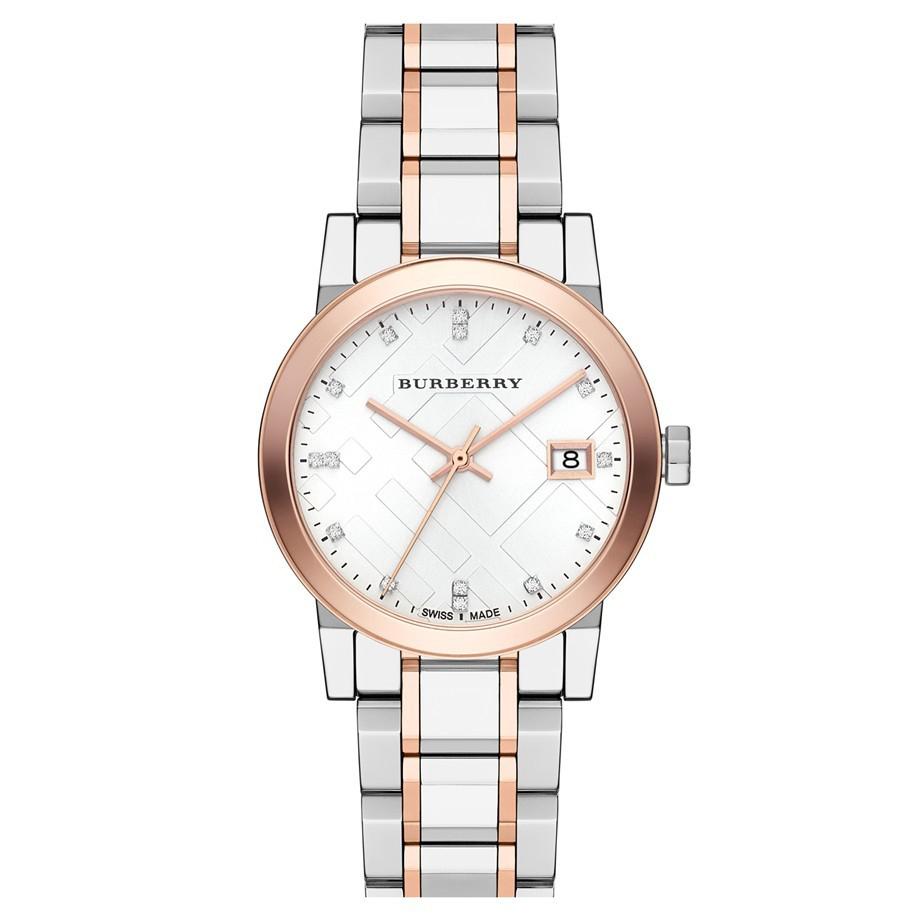 Burberry Ladies Watch Diamond Check Stamped Two Tone Bu9127